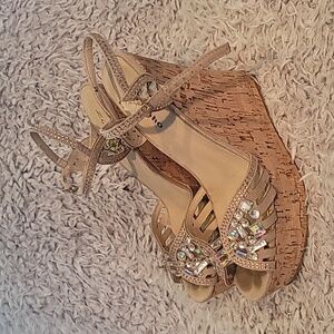 Beige Platform Sandals with Rhinestone Accents